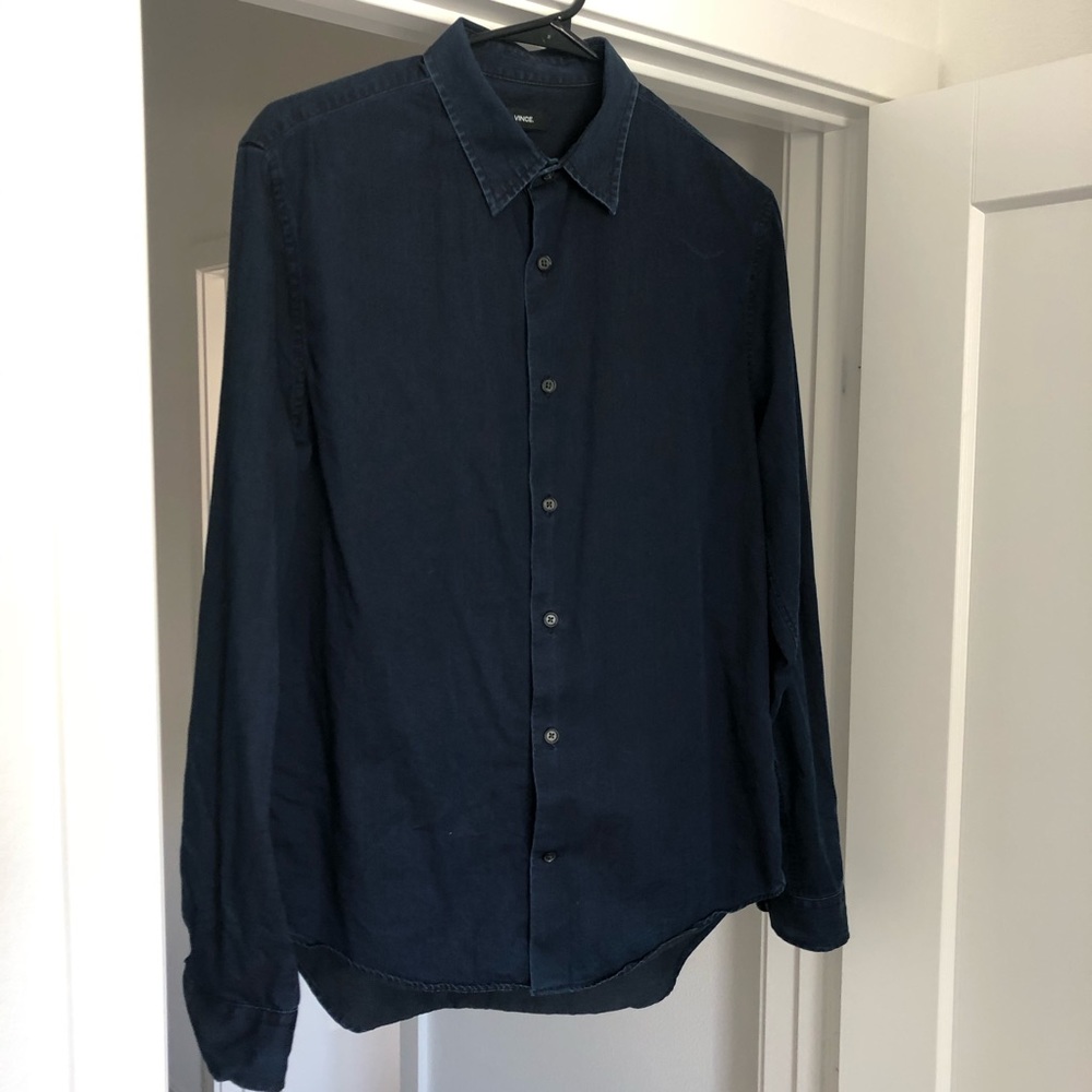 Vince over-dyed men’s button down. Deep indigo